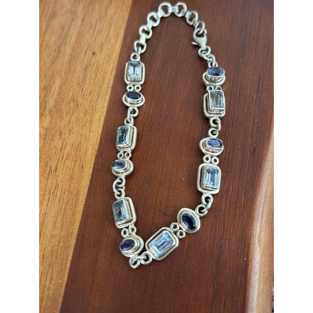 Sterling Silver Amethyst & Blue Topaz Link Bracelet Adjustable
